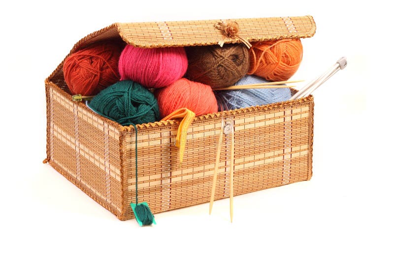 Hanks of wool, knitting needles in a box .