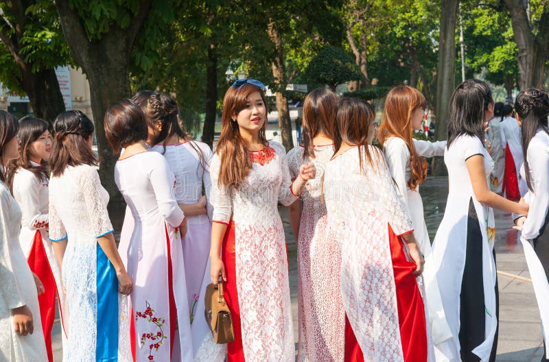 Group of Vietnamese Young Women Elegantly Dressed in Street Together ...