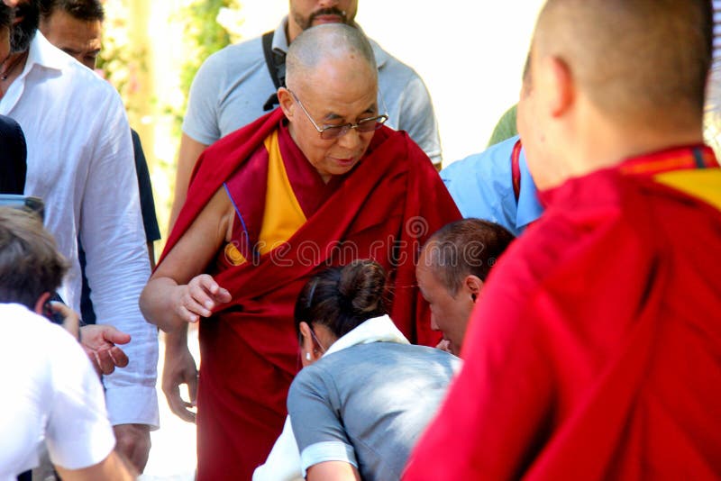 His Holiness the XIV Dalai Lama Tenzin Gyatso photographed in Pomaia (Pisa, Italy) during the conference Lama Tsong Khapa Institute. His Holiness the XIV Dalai Lama Tenzin Gyatso photographed in Pomaia (Pisa, Italy) during the conference Lama Tsong Khapa Institute