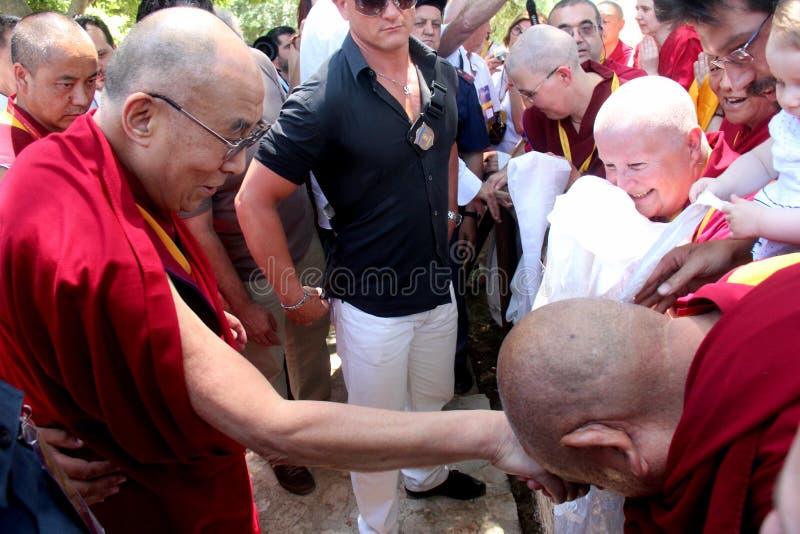 His Holiness the XIV Dalai Lama Tenzin Gyatso photographed in Pomaia (Pisa, Italy) during the conference Lama Tsong Khapa Institute. His Holiness the XIV Dalai Lama Tenzin Gyatso photographed in Pomaia (Pisa, Italy) during the conference Lama Tsong Khapa Institute