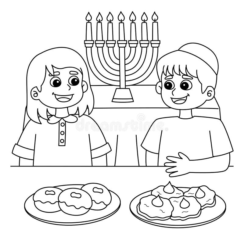 Hanukkah Boy and Girl Feasting Coloring Page