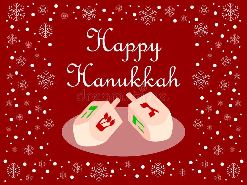 Illustration wishing a Happy Hanukkah with two dreidel and red background decorated with snowflakes. Blue version also available in my portfolio. Illustration wishing a Happy Hanukkah with two dreidel and red background decorated with snowflakes. Blue version also available in my portfolio.