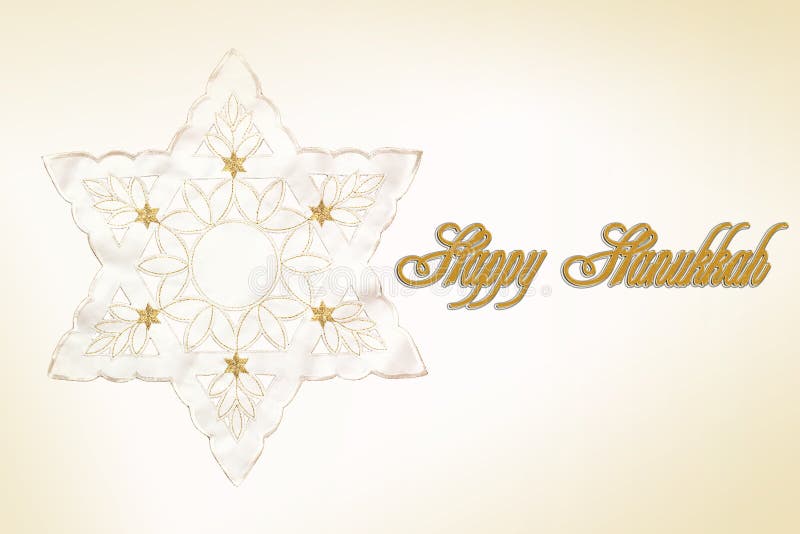 Happy Hanukkah. Star of David. White Star of David on a gold background with small stars. Happy Hanukkah. Star of David. White Star of David on a gold background with small stars.