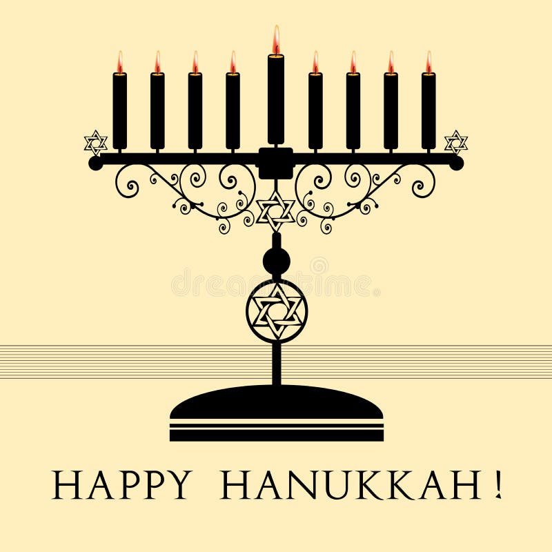 Abstract colorful illustration with black menorah with nine candles and the text Happy Hanukkah written under the candle holder. Abstract colorful illustration with black menorah with nine candles and the text Happy Hanukkah written under the candle holder