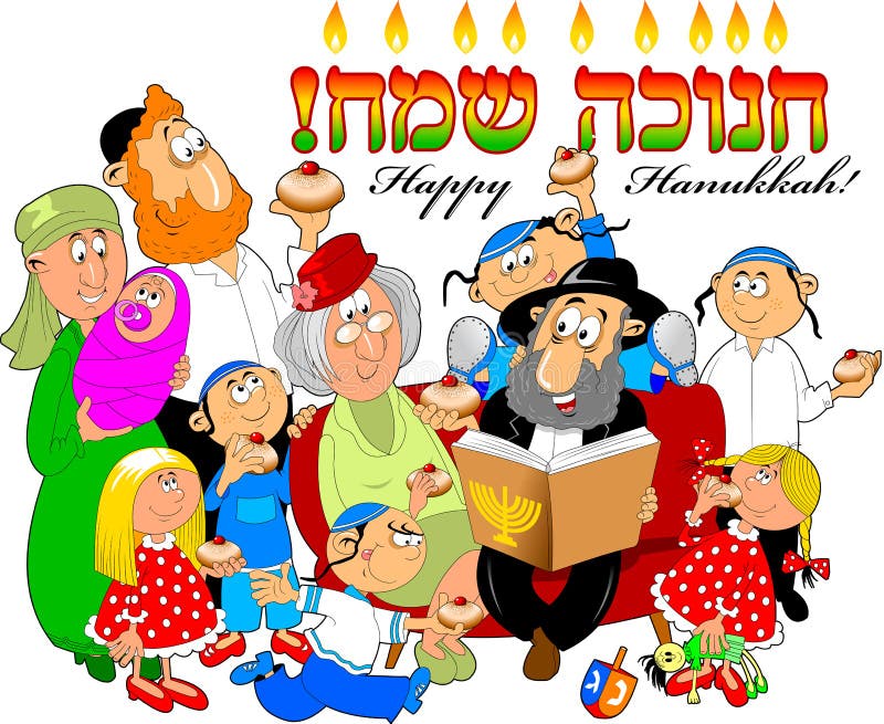 Happy family celebrating Hanukkah. Vector and illustration