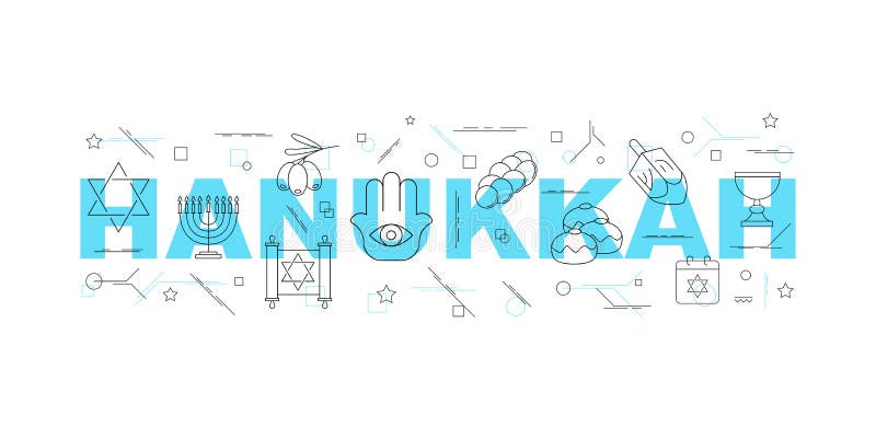 Hanukkah słowo z kreskową ikoną liniowy wektoru wzór ilustracji Hanukkah słowo z kreskową ikoną liniowy wektoru wzór ilustracji