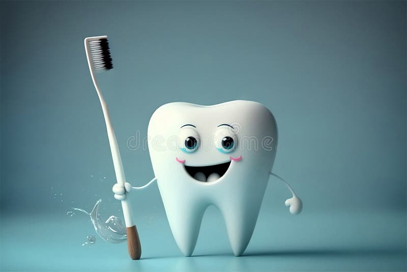 Happily Smiling White Tooth Holding a Toothbrush. Generative AI Stock