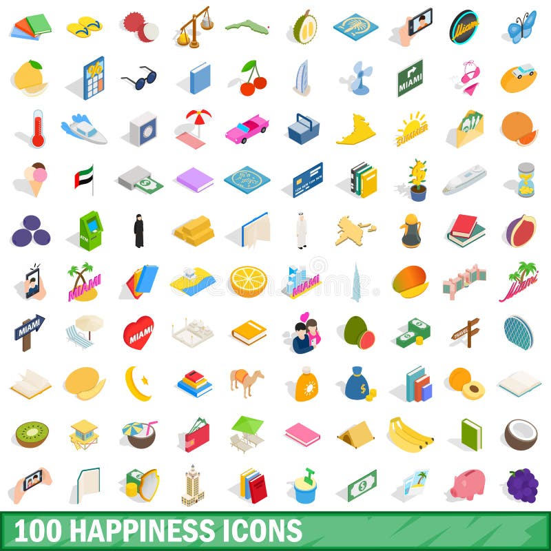 100 happiness icons set, isometric 3d style