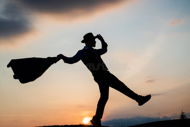 happiness. need the inspiration. man feel motivation. full of energy. dancer silhouette on sky background. confidence