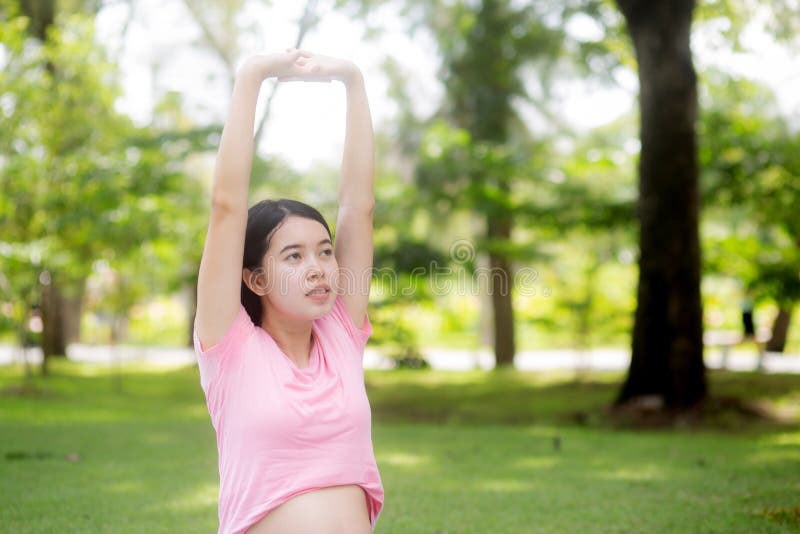 Happiness Young Asian Woman Pregnant Sitting Doing Sport Exercise with ...