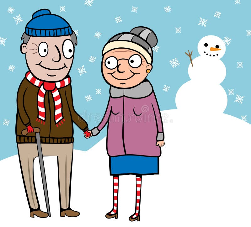 Happy active old couple on walk in winter vector illustration Happy active old couple on walk in winter vector illustration