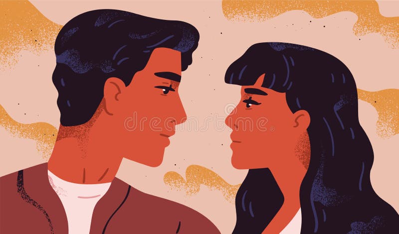 Happy adorable couple in love. Portrait of young man and woman looking at each other. Pair of romantic partners on date