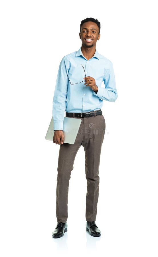 Happy african american college student with laptop standing