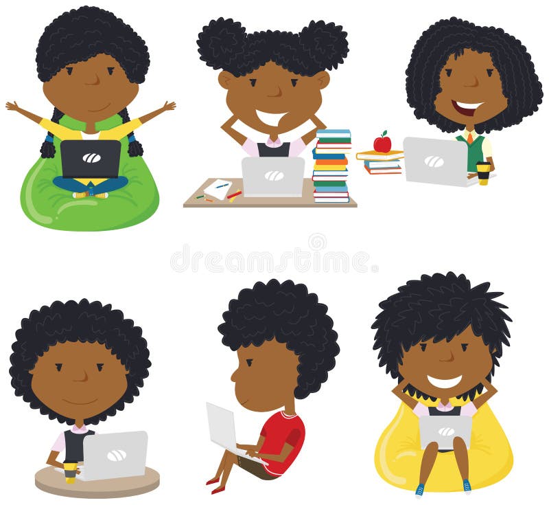 Happy African-American girls learn and do homework by computer