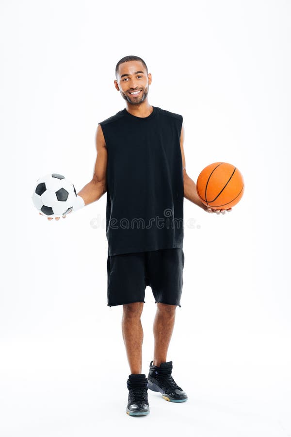 Happy African Sports Man Holding Basketball and Soccer Ball Stock Image ...