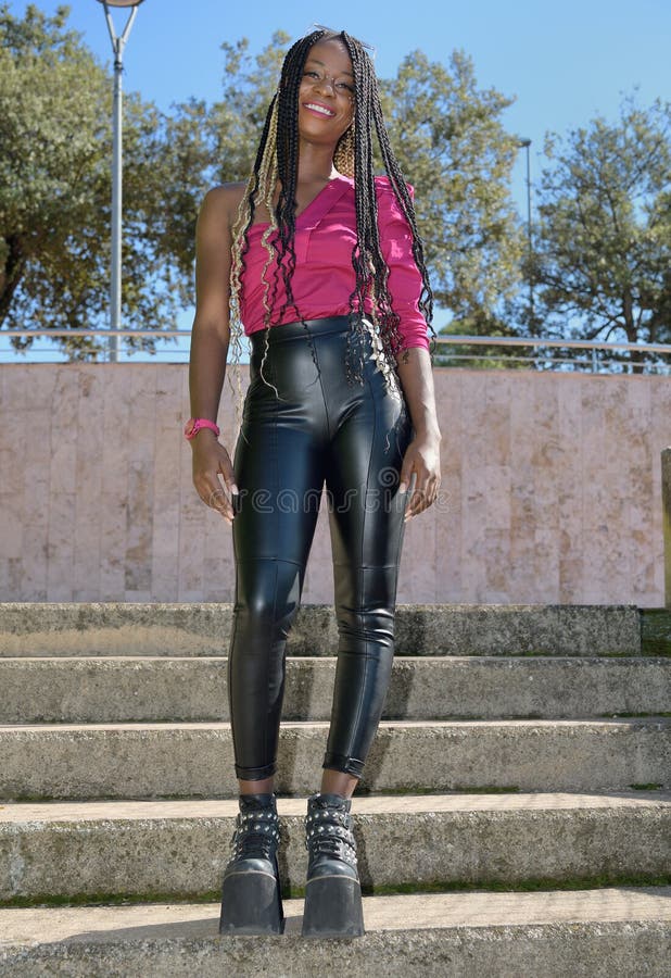 https://thumbs.dreamstime.com/b/happy-afro-style-black-girl-long-blondes-braids-wearing-big-shoes-leather-pants-sunglasses-standing-stairs-smiles-165251692.jpg