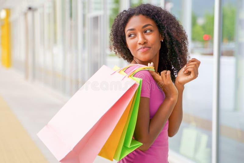 Happy Afro Woman Walking and Shopping in the City Stock Image - Image ...