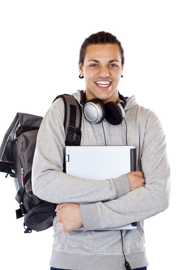 Happy american student with notebook smiles