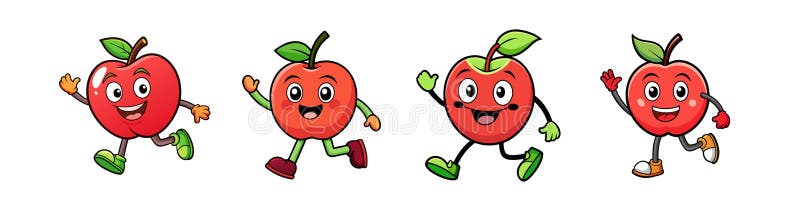 Happy apple cartoon characters running and waving with joy vector illustration