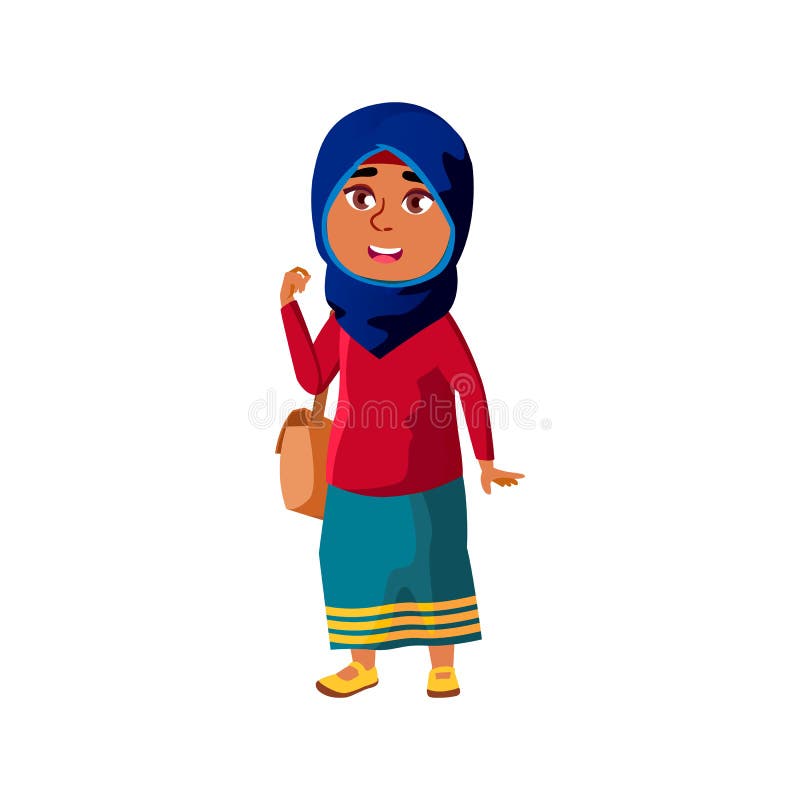 Happy Arab Girl Child with Bag Go To Elementary School Cartoon Vector ...