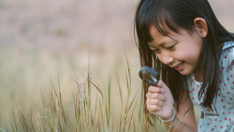 Happy asian child girl exploring nature with magnifying glass.