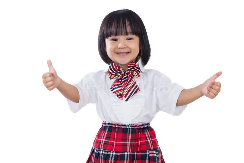 Happy Asian Chinese Little Student Girl Showing Thum