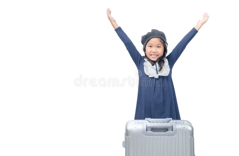 Happy asian girl with baggage isolated on white royalty free stock photography Happy asian girl with baggage isolated on white royalty free stock photography