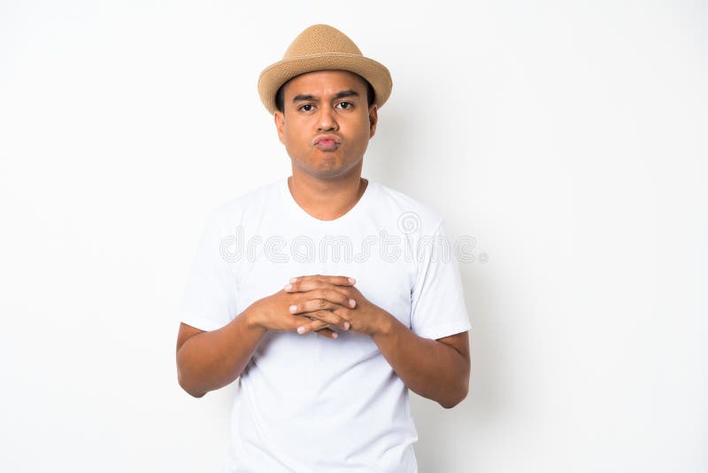 Happy asian man thinking on isolate. Idea concept. royalty free stock photos