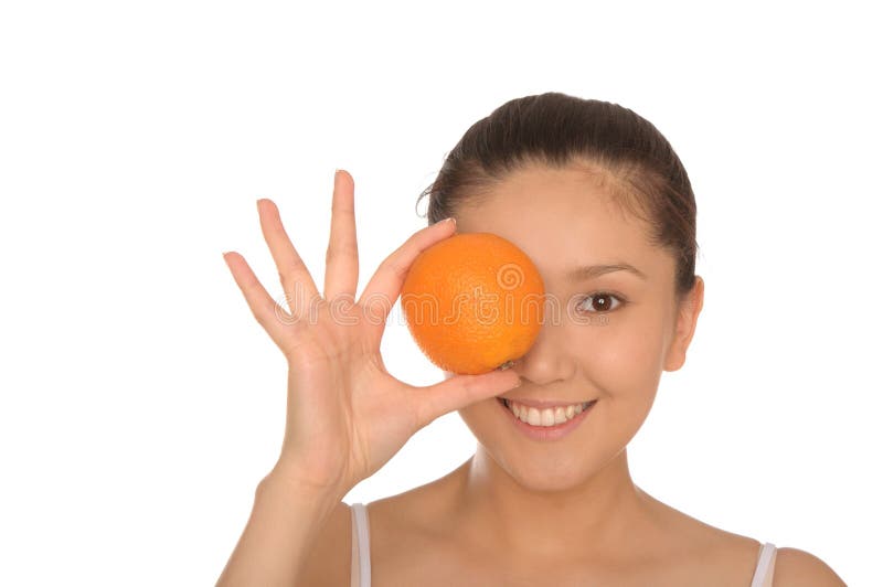 Happy asian woman with orange