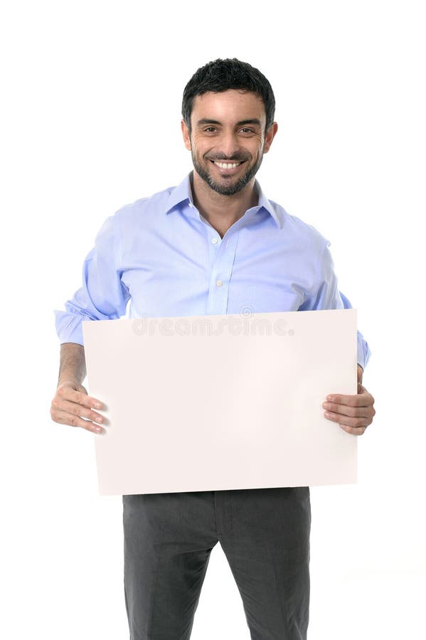 Happy attractive businessman holding blank billboard as copyspace