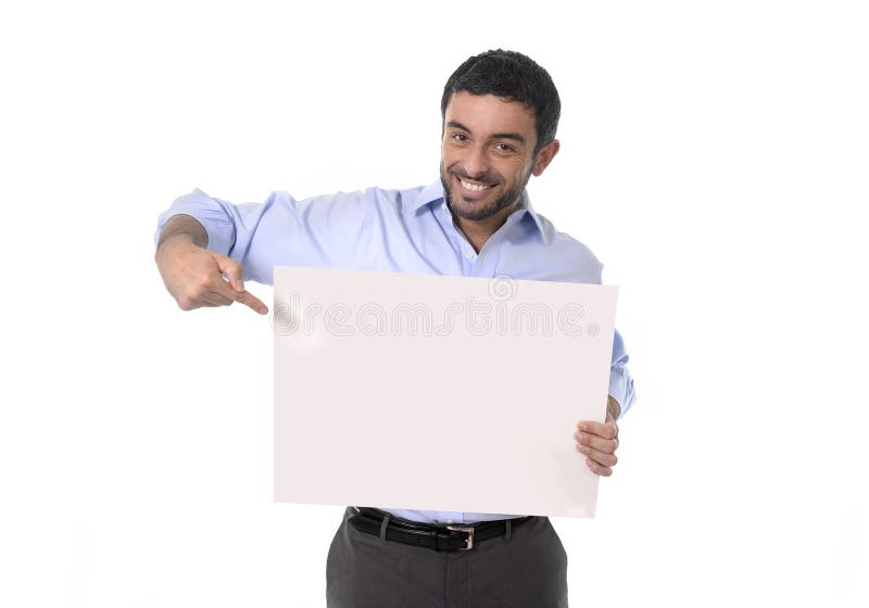 Happy attractive businessman holding blank billboard as copyspace