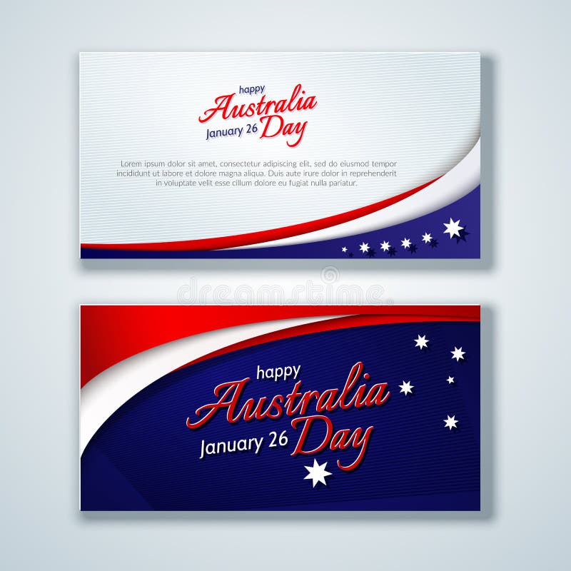 Happy Australia Day card brochure flyer Australia national flag theme red white curved lines and star on a blue background