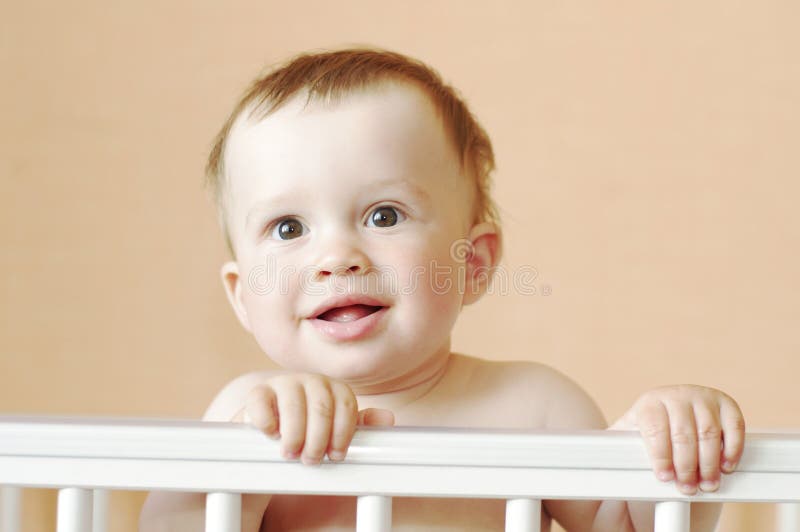 Happy Baby Age of 10 Months in White Bed Stock Photo Image of