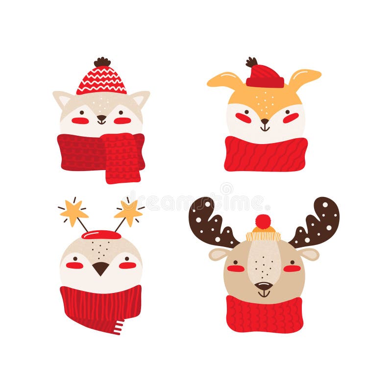 Happy baby animals for Christmas or New year. Cat, dog, penguin, moose in winter accessories. Collection cute cartoon