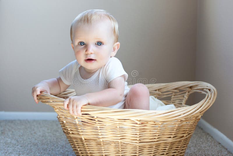 Happy Baby in a Basket stock image. Image of love, infant 15219407
