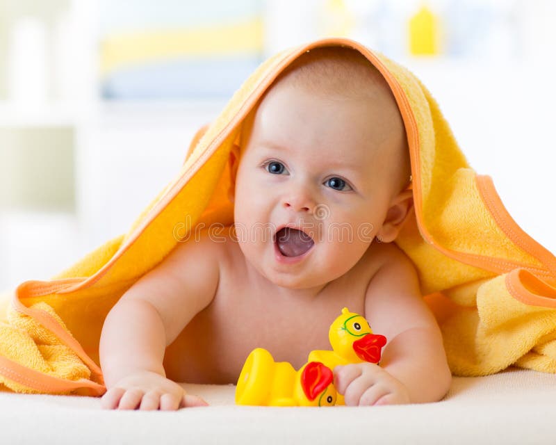 Happy Baby in Towel after Bathing Stock Photo Image of cute, face