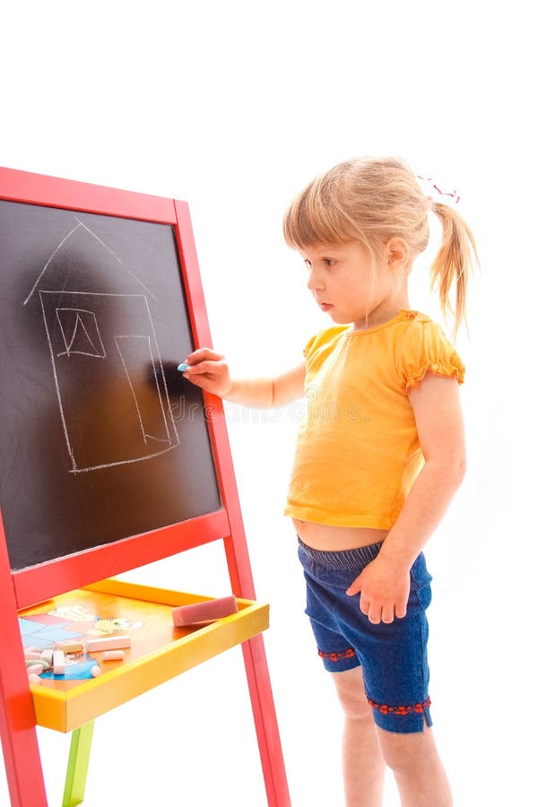 Happy baby girl beautiful painting on the easel on a white background royalty free stock photos Happy baby girl beautiful painting on the easel on a white background royalty free stock photos