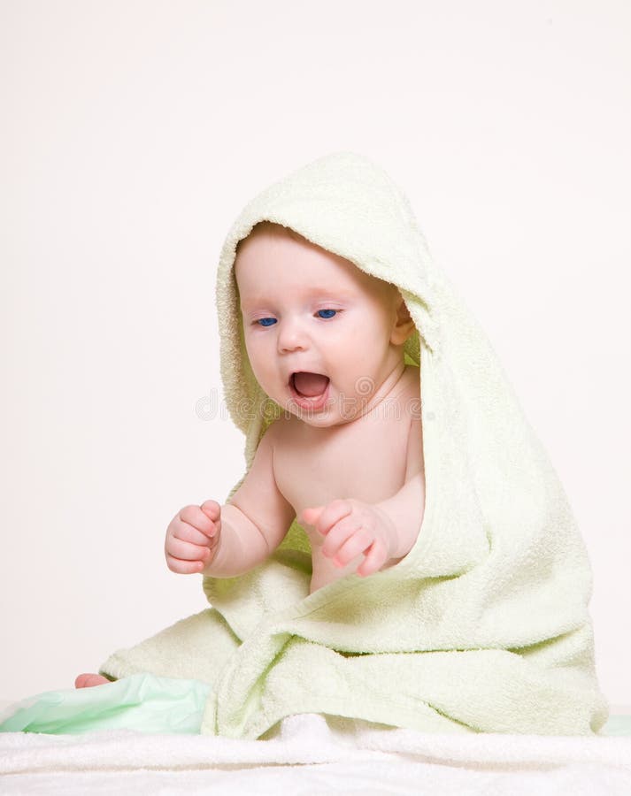 Happy Baby with Green Towel. Stock Image - Image of comfortable ...
