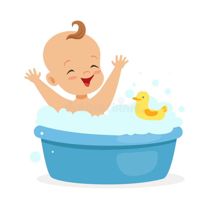 Happy Baby Taking a Bath Playing with Foam Bubbles and Yellow Duck