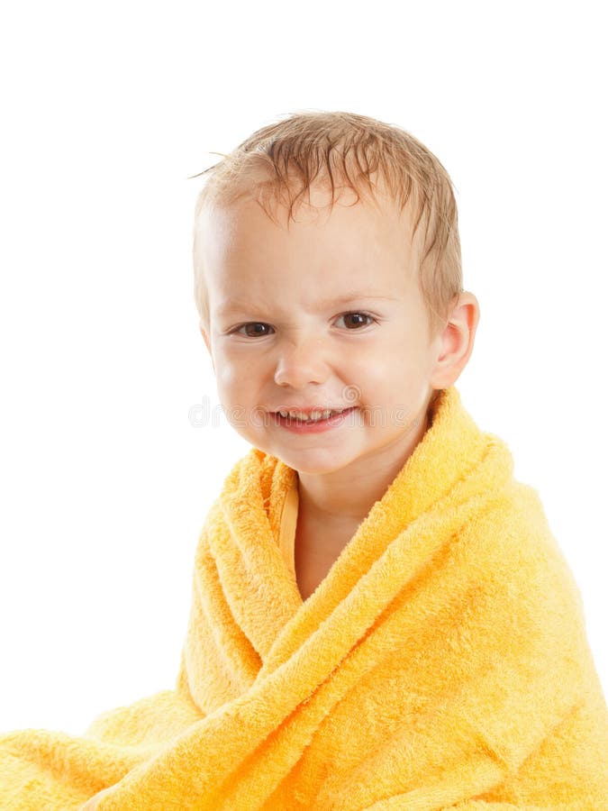 Happy Baby Wearing Yellow Towel Sitting after Bath or Shower. Stock ...