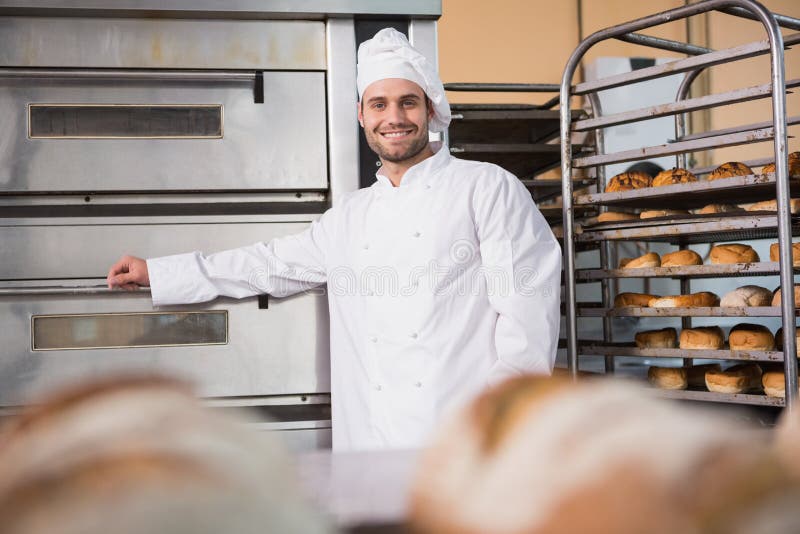 Happy Baker Leaning Professional Oven Bakery Stock Photos Free