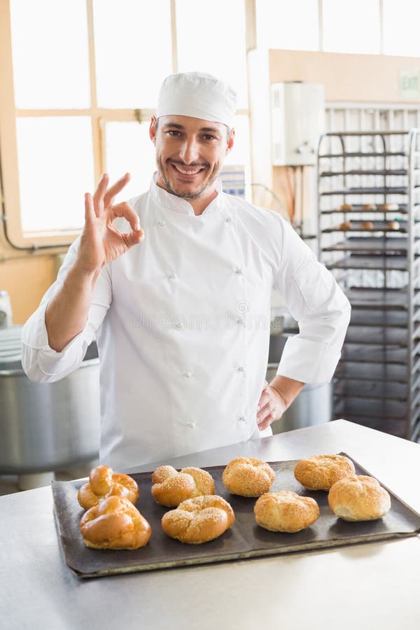 Happy Baker Showing Tray of Rolls Stock Photo Image of bread