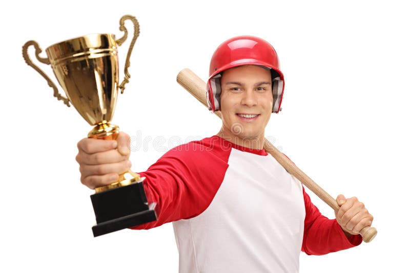 Happy Baseball Player Holding Bat Gold Trophy Stock Photos Free