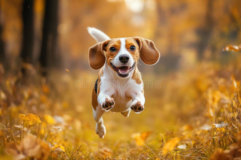 Happy Beagle Running in Autumn Forest stock photography