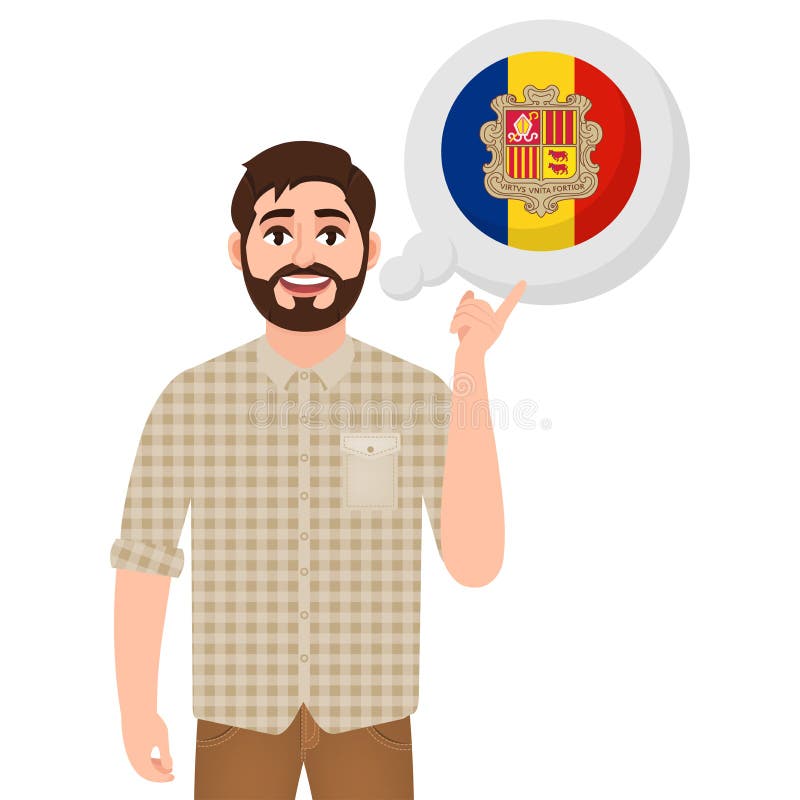 Happy bearded man says or thinks about the country Andorra, European country icon, traveler or tourist vector illustration Happy bearded man says or thinks about the country Andorra, European country icon, traveler or tourist vector illustration