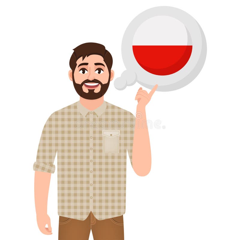 Happy bearded man says or thinks about the country of Poland, European country icon, traveler or tourist vector illustration Happy bearded man says or thinks about the country of Poland, European country icon, traveler or tourist vector illustration