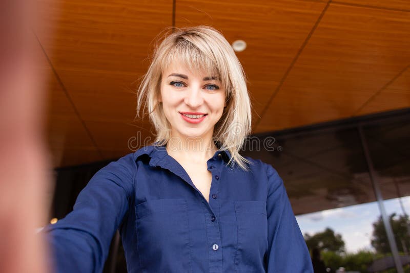 Happy Beautiful Blonde Takes A Selfie Stock Image Image Of Mobile 
