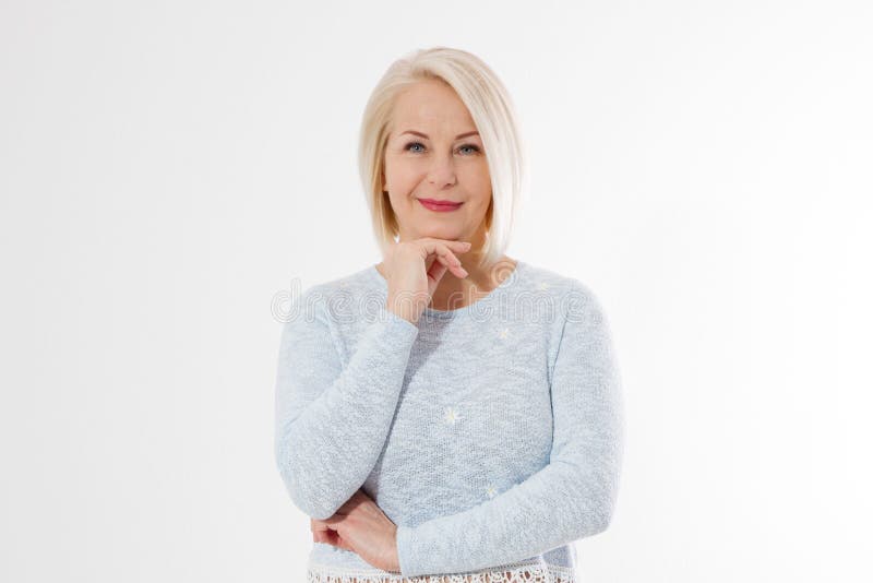 Happy beautiful close up portrait middle age blonde woman. Mid aged healthy female isolated on white background with copy space.