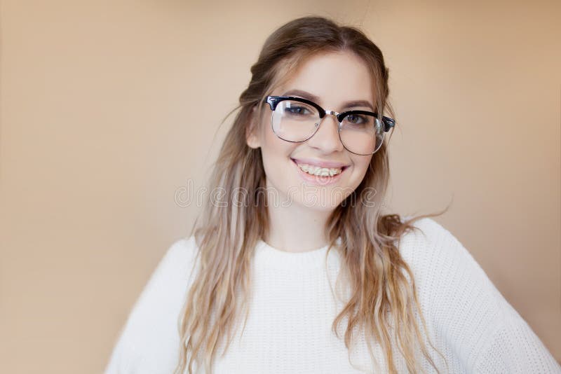 Happy And Beautiful Girl With Glasses And Braces Young Woman Smiling Stock Image Image Of 