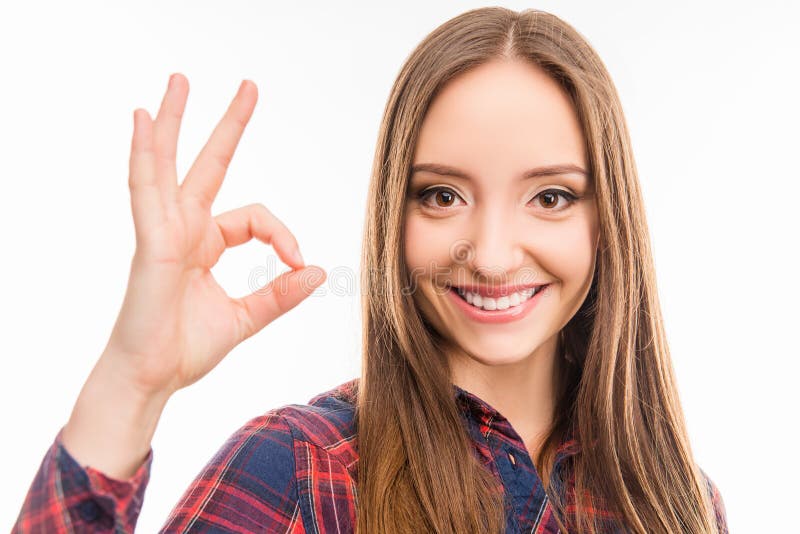 Happy Beautiful Girl Showing Gesture Ok and Smiling Stock Photo - Image ...
